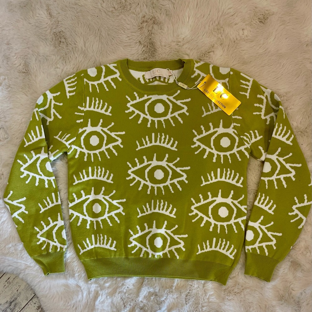 Beautiful Green Crewneck Sweater with Evil Eye Pattern